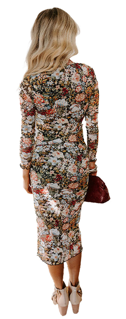 Model wearing a brown floral bodycon midi dress from LuckeLadybug shown from back with burgundy handbag and nude heels