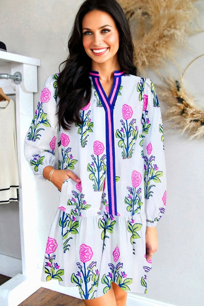 White Floral Print Long Sleeve Dress