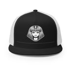 LuckeLadybug black and white trucker hat featuring an Egyptian queen design in front panel