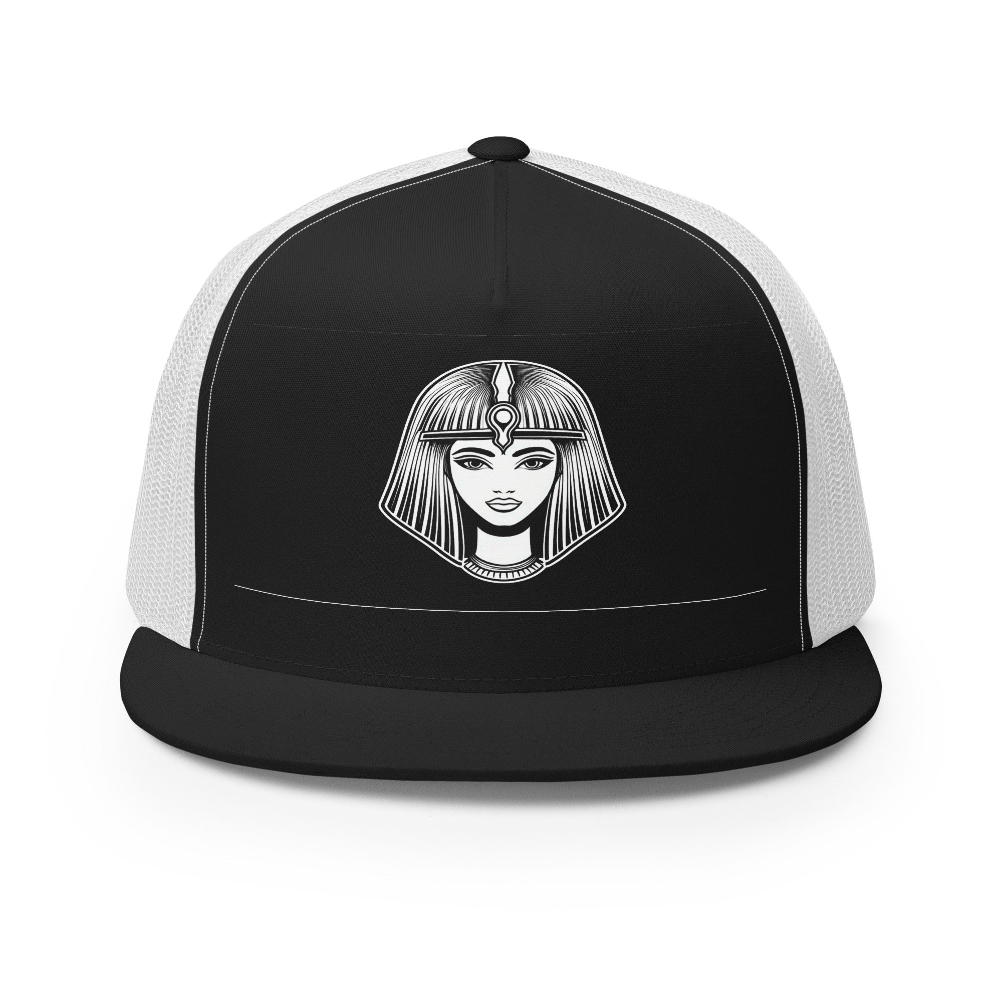 LuckeLadybug black and white trucker hat featuring an Egyptian queen design in front panel