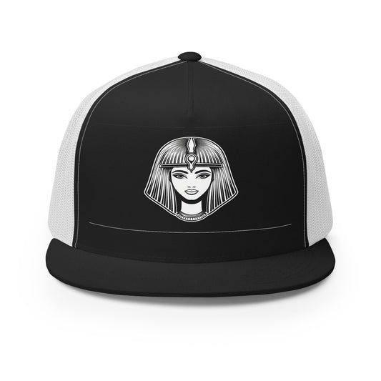 LuckeLadybug black and white trucker hat featuring an Egyptian queen design in front panel