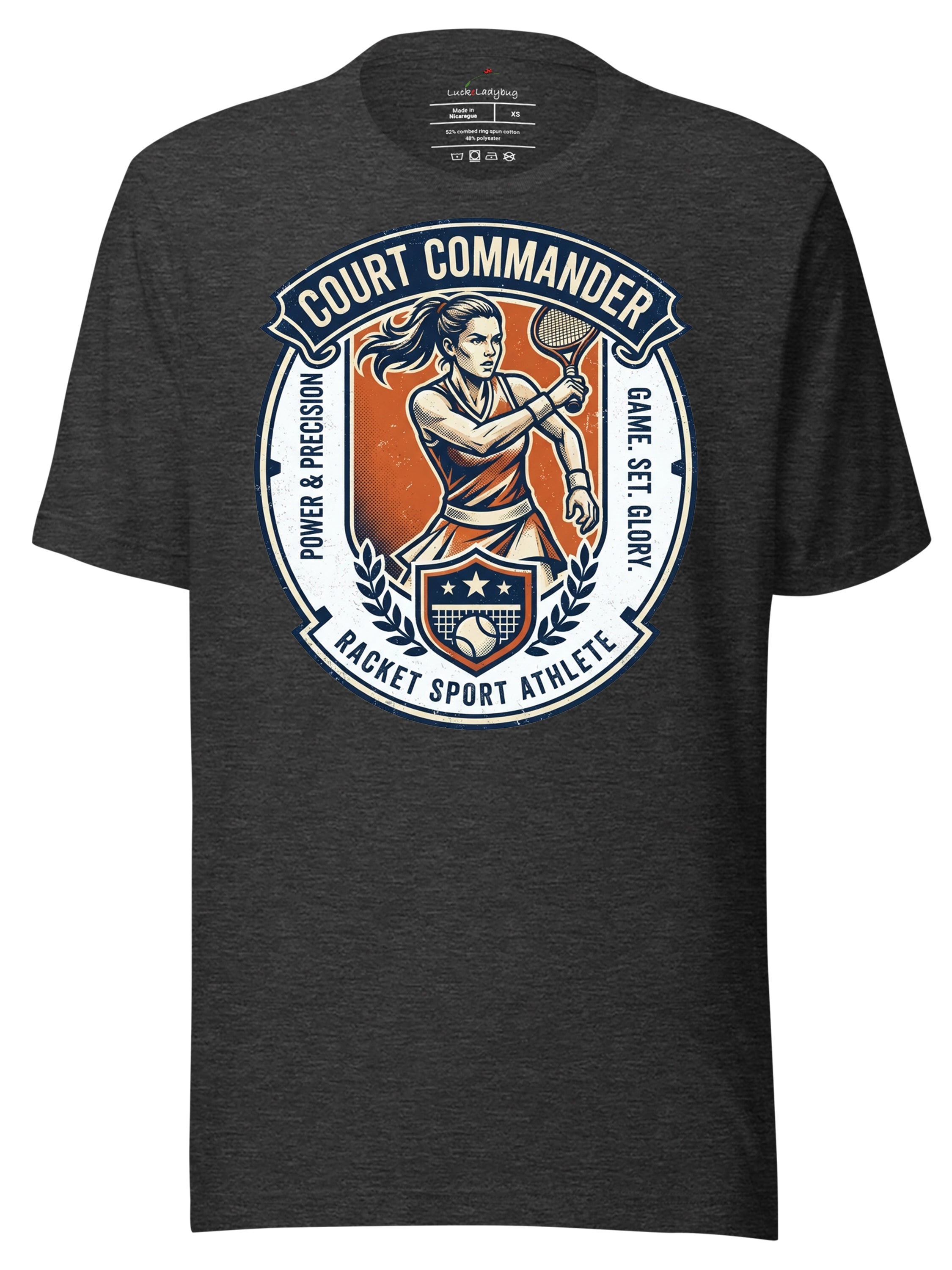 LuckeLadybug LLC Court Commander T-Shirt featuring Ekaterina Alexandrova design for racket sport athletes