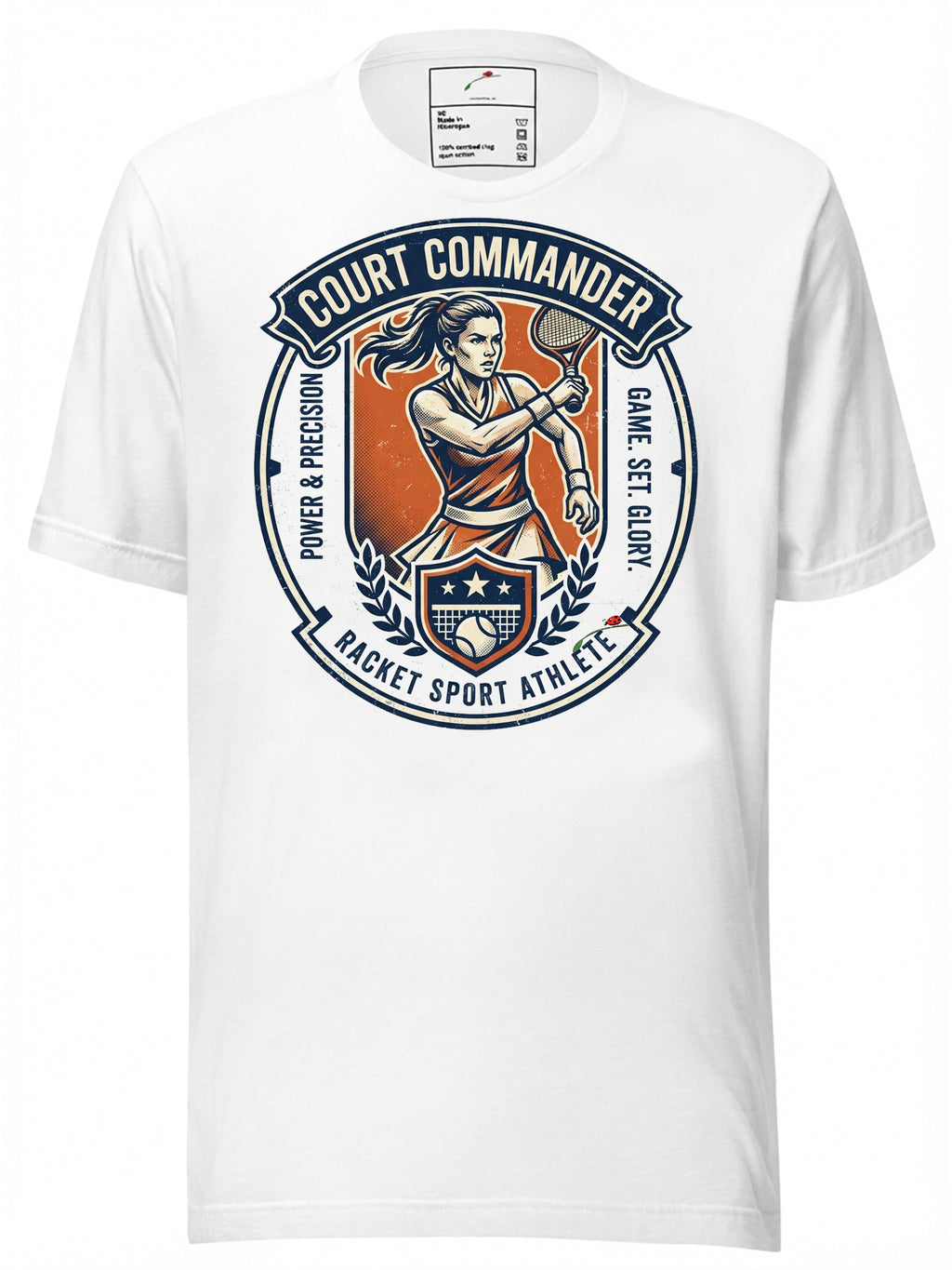 White T-Shirt featuring 'Court Commander' graphic for ekaterina alexandrova fans and racket sport enthusiasts