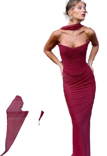 Elegant 2 piece wedding guest dress by LuckeLadybug LLC in rich burgundy with draped design