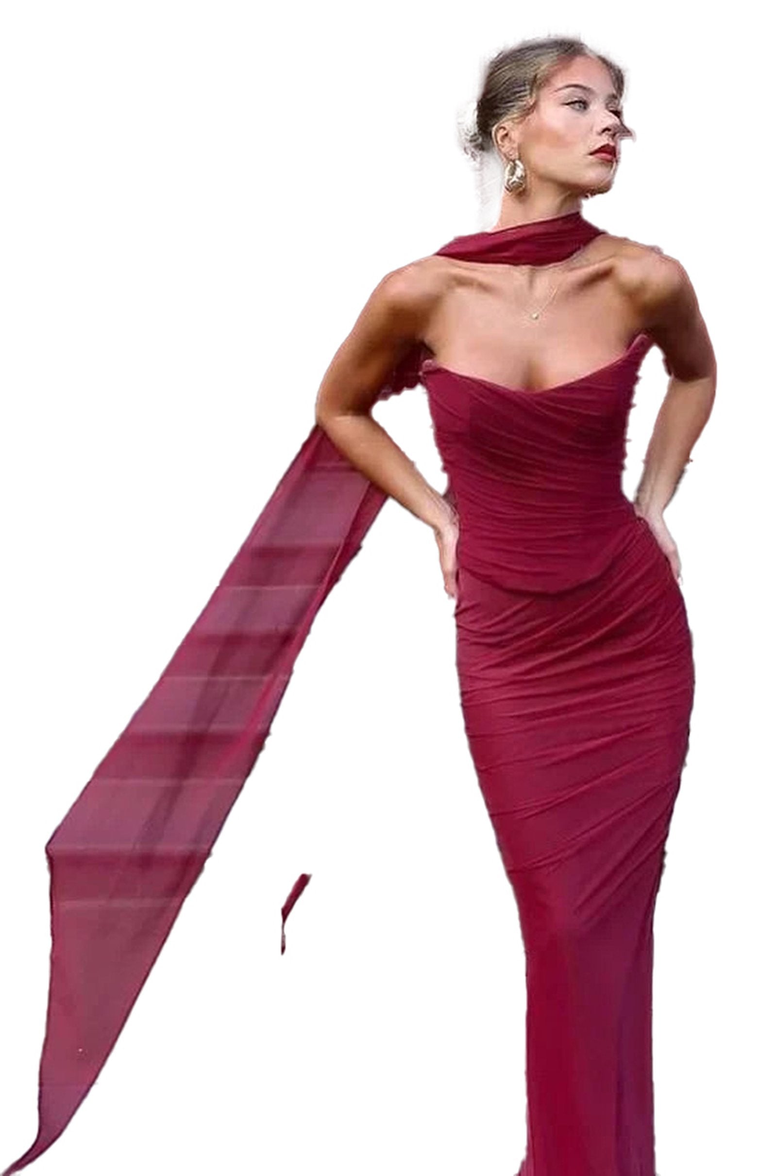 Elegant 2 piece wedding guest dress in burgundy with ruched details and a stylish scarf