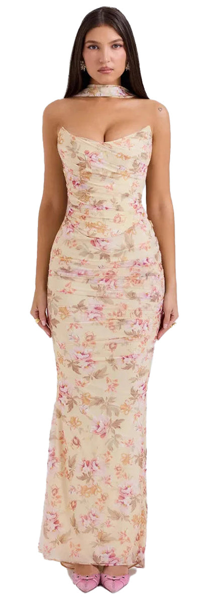 Elegant 2 piece wedding guest dress in floral print from LuckeLadybug LLC with fitted silhouette
