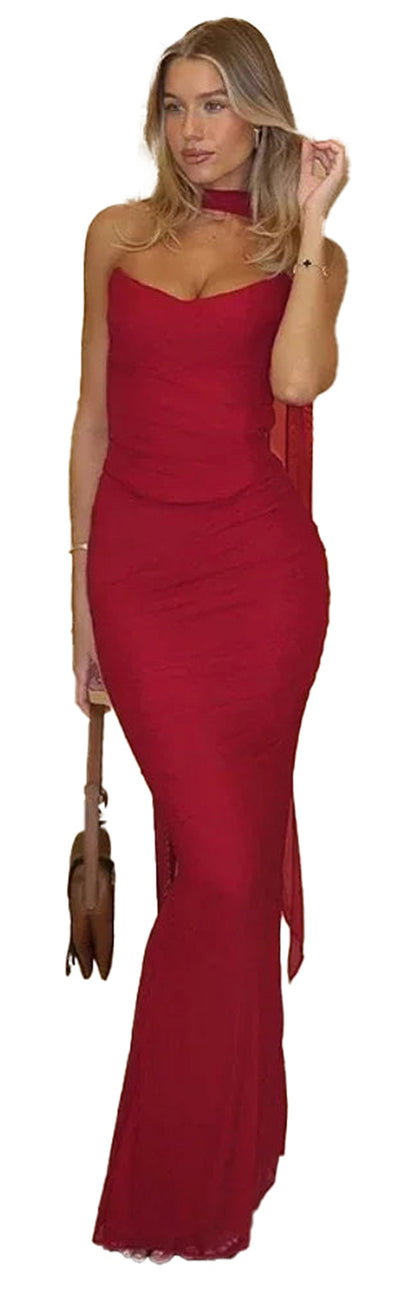 Elegant 2 piece wedding guest dress in red with fitted bodice and flowing skirt