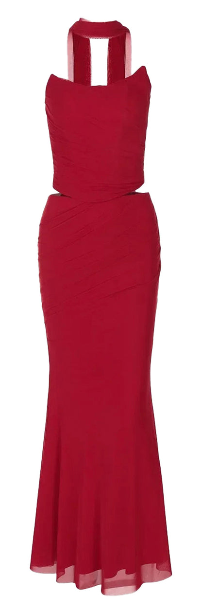 Elegant 2 piece wedding guest dress in red with a flattering A-line silhouette and halter neckline
