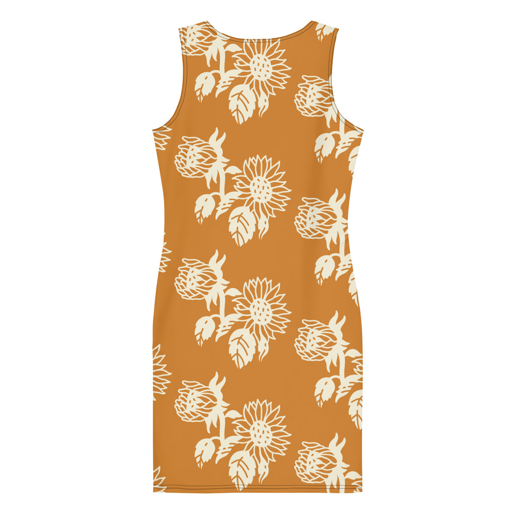 LuckeLadybug elegant floral print bodycon dress in brown with white sunflower pattern sleeveless design