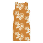 LuckeLadybug elegant floral print bodycon dress in brown with white sunflower pattern sleeveless design