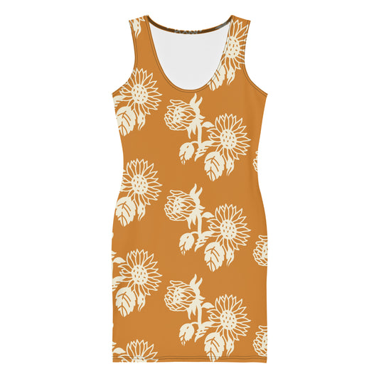 LuckeLadybug elegant floral print bodycon dress in brown with white sunflower design sleeveless style
