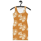 LuckeLadybug elegant floral print bodycon dress in mustard with white sunflower pattern sleeveless design