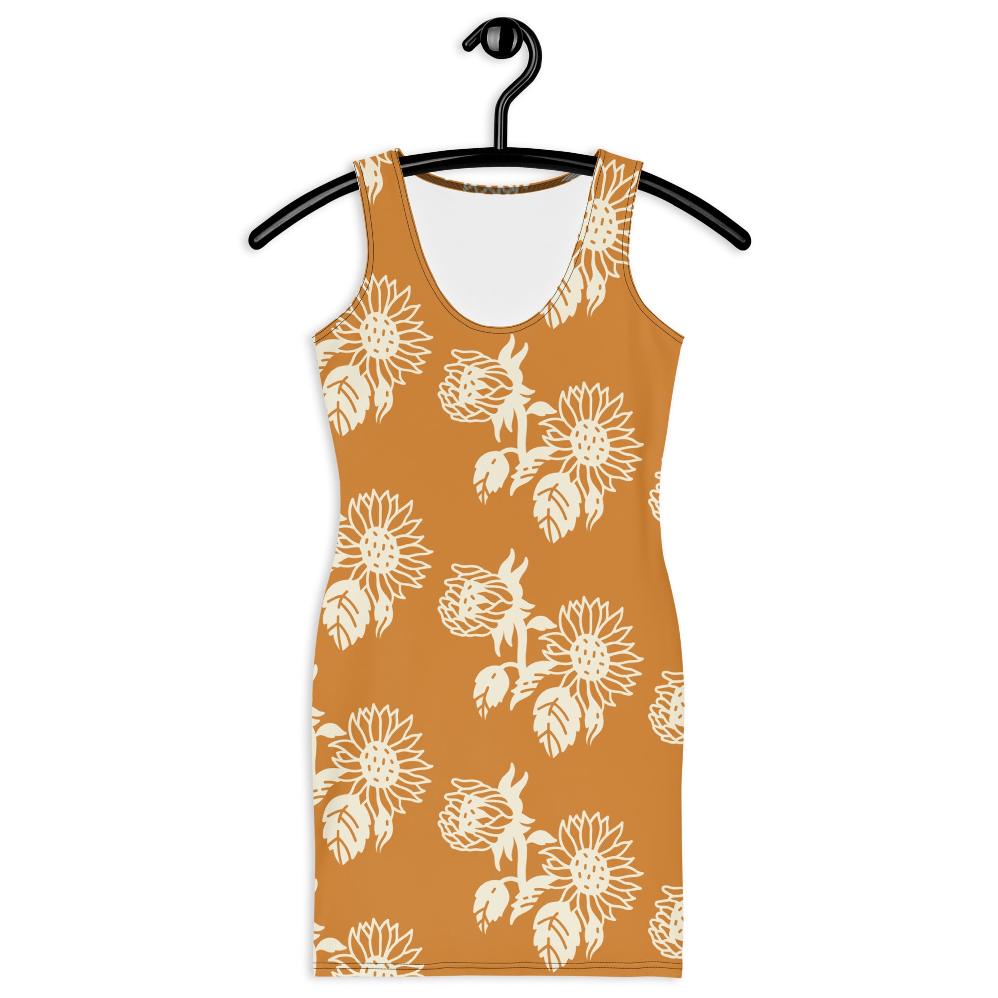 LuckeLadybug elegant floral print bodycon dress in mustard with white sunflower pattern sleeveless design