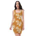LuckeLadybug elegant floral print bodycon dress in mustard with large white flowers sleeveless design