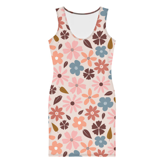 LuckeLadybug bodycon dress featuring an elegant floral print dress with pink blue and brown flowers