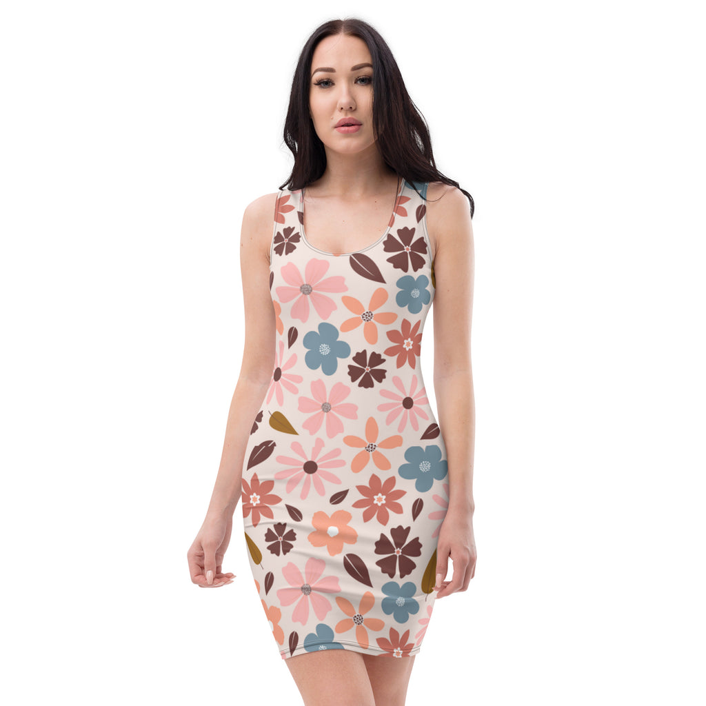 bodycon dress featuring an elegant floral print dress with pink blue and brown flowers
