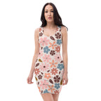 bodycon dress featuring an elegant floral print dress with pink blue and brown flowers