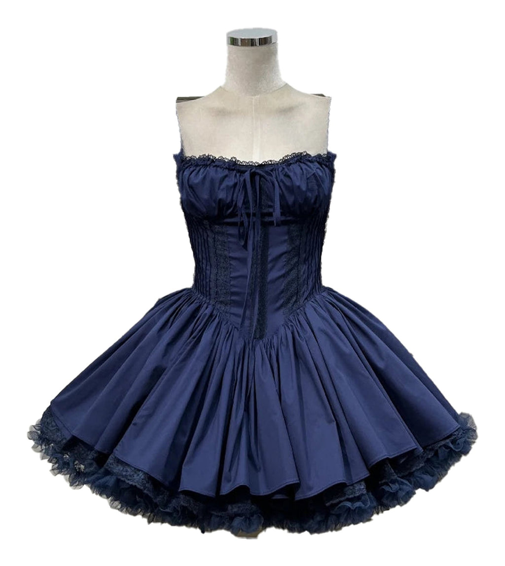 Elegant lace mini dress for women in navy blue with a flared skirt and strapless design