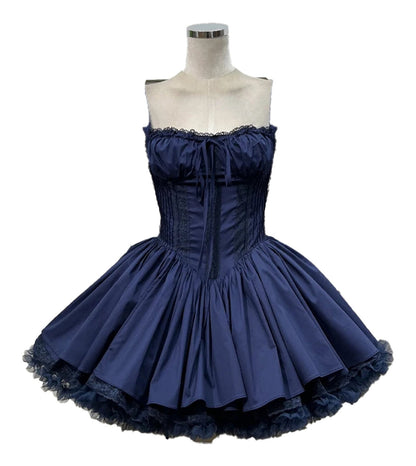 Elegant lace mini dress for women in navy blue with a flared skirt and strapless design