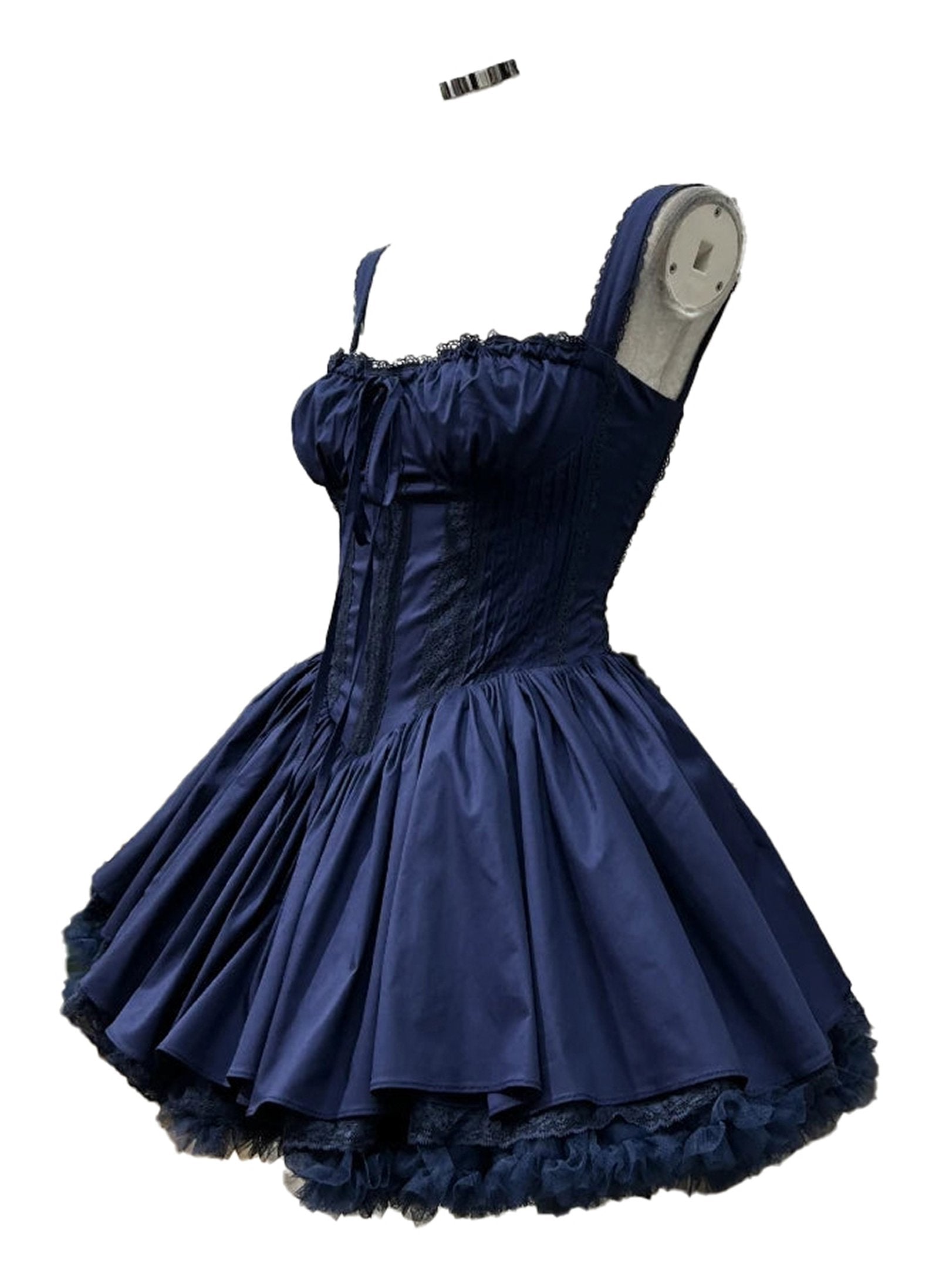 Elegant lace mini dress for women in navy blue with flared skirt and detailed bodice