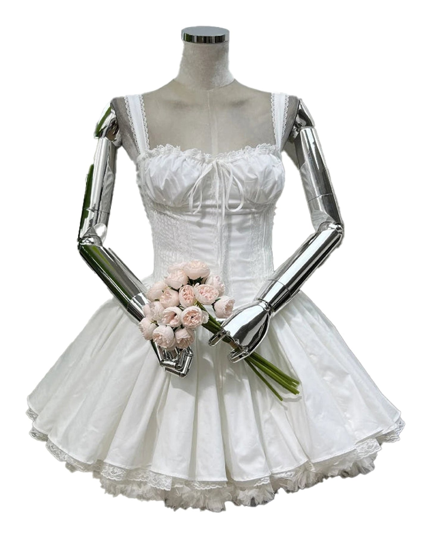 Elegant lace mini dress for women shown on a mannequin holding flowers, featuring a fitted bodice and flared skirt