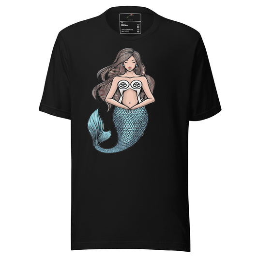 Black LuckeLadybug T-shirt featuring an elegant mermaid tee design with long brown hair and blue tail