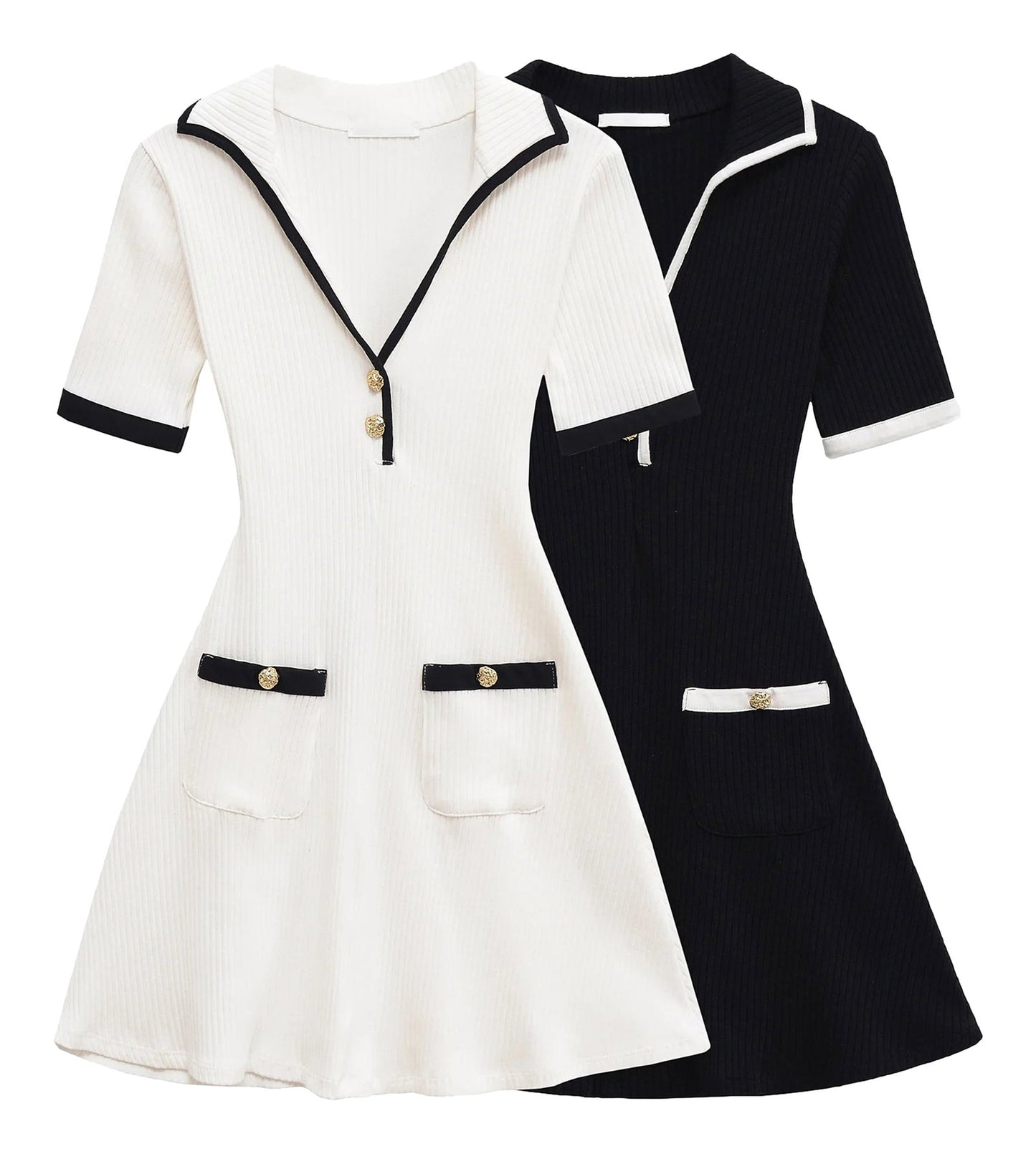 Elegant mini dress for women in white and navy with stylish pockets and collar design