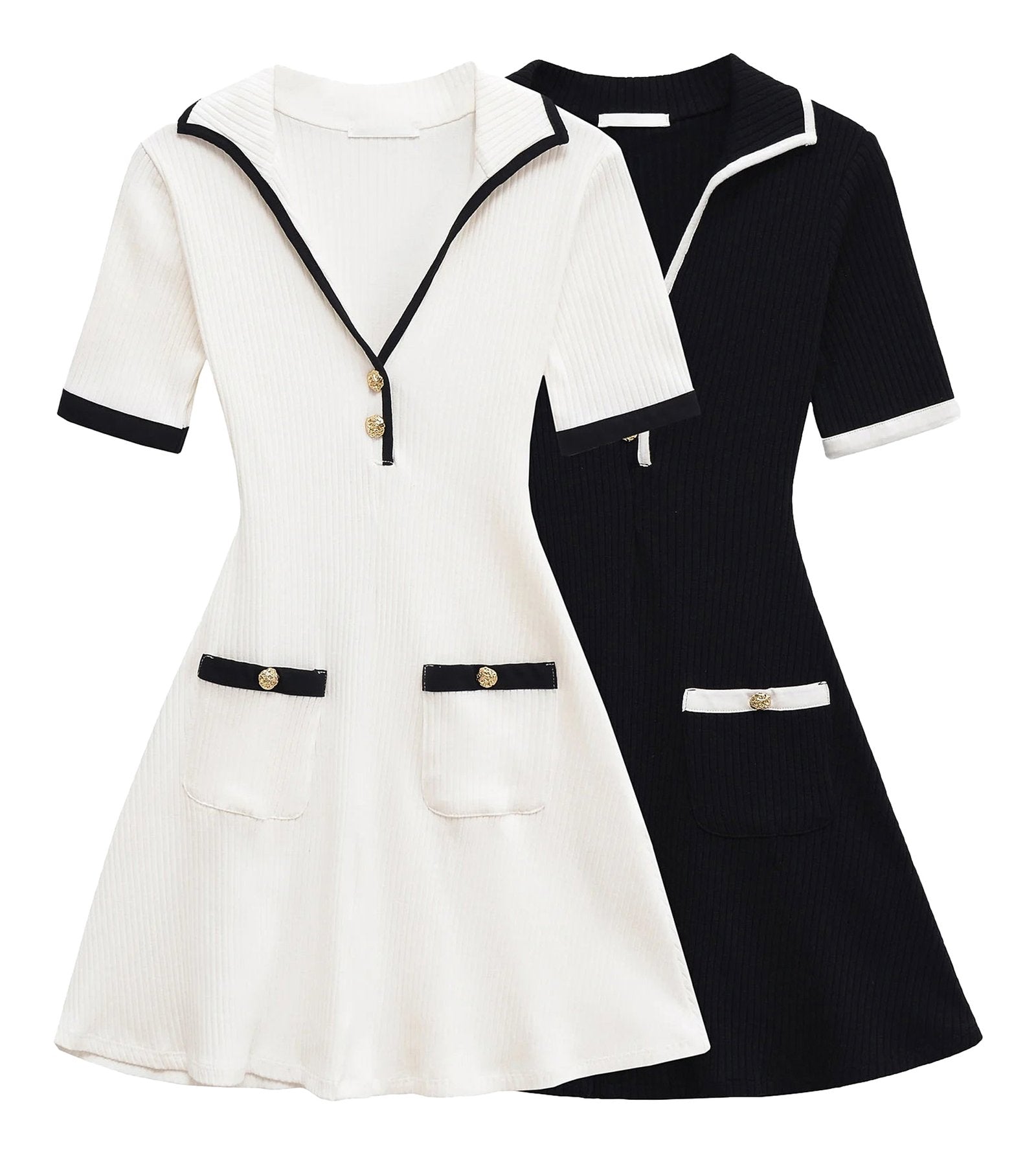 Elegant mini dress for women in white and navy with stylish pockets and collar design
