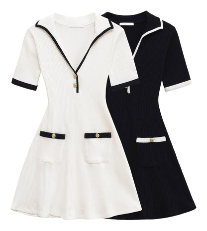 Elegant mini dress for women in white and navy with stylish pockets and collar design