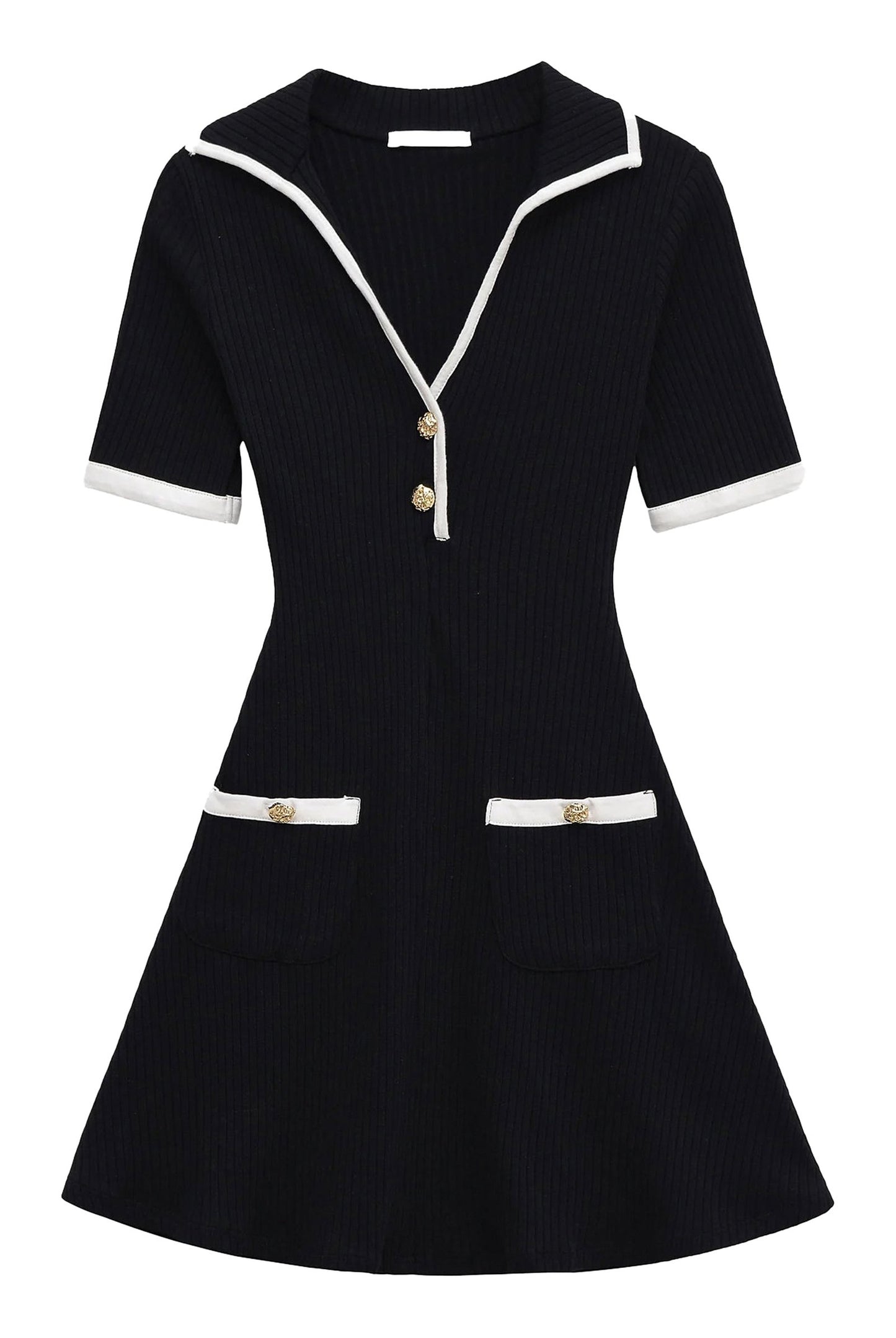 Elegant mini dress for women in navy blue with white trim and pockets from LuckeLadybug LLC