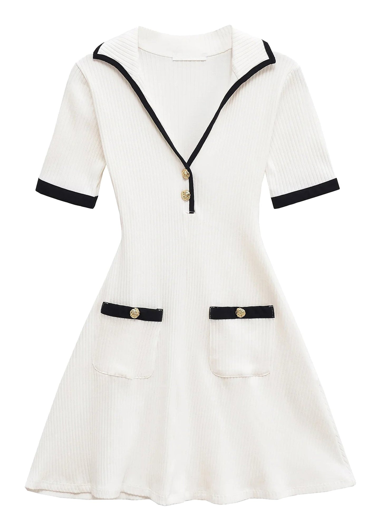 Elegant mini dress for women in white with navy accents and pockets, perfect for casual outings
