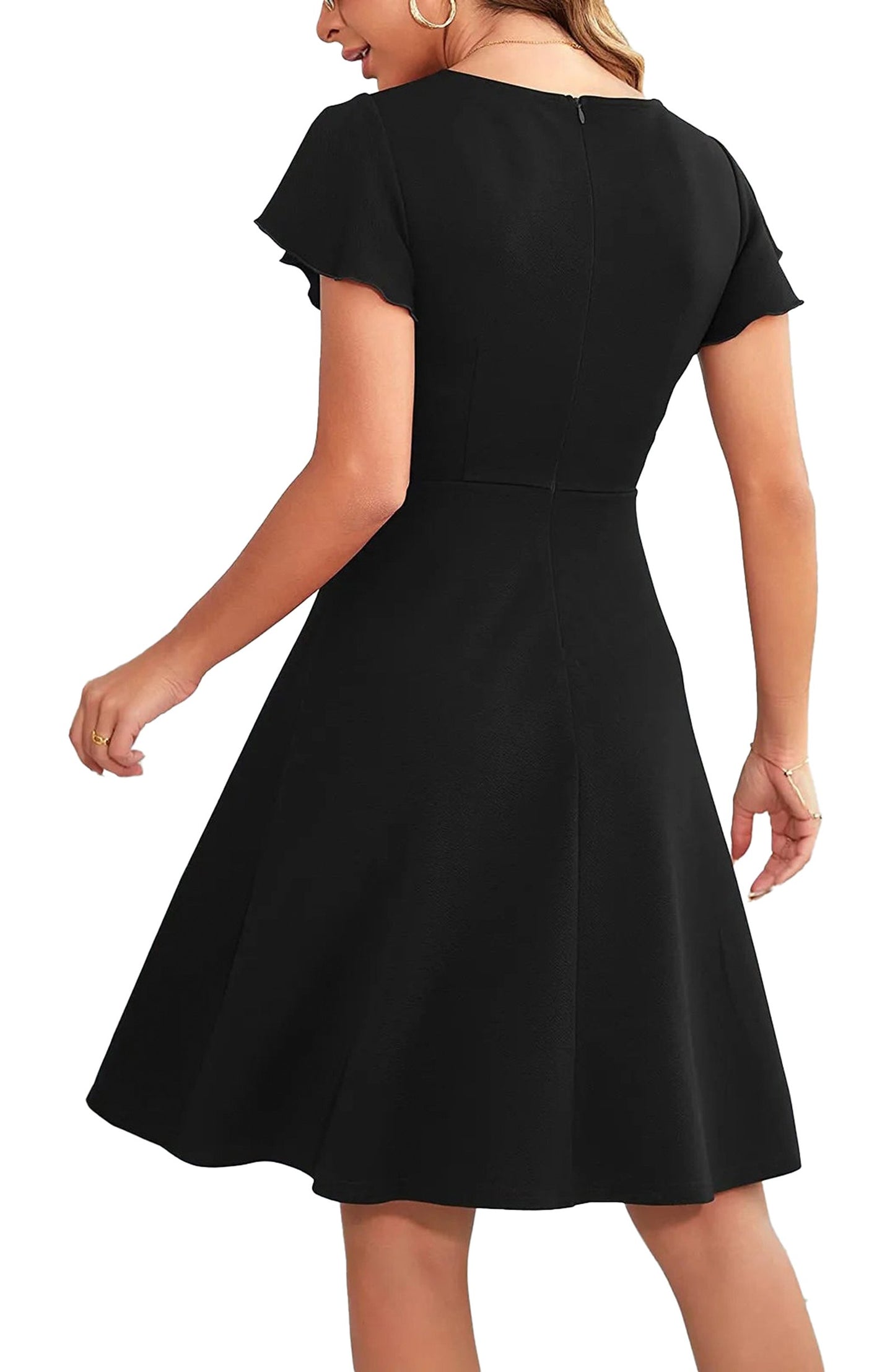 Elegant short dress for women in black with a stylish flared design and short sleeves