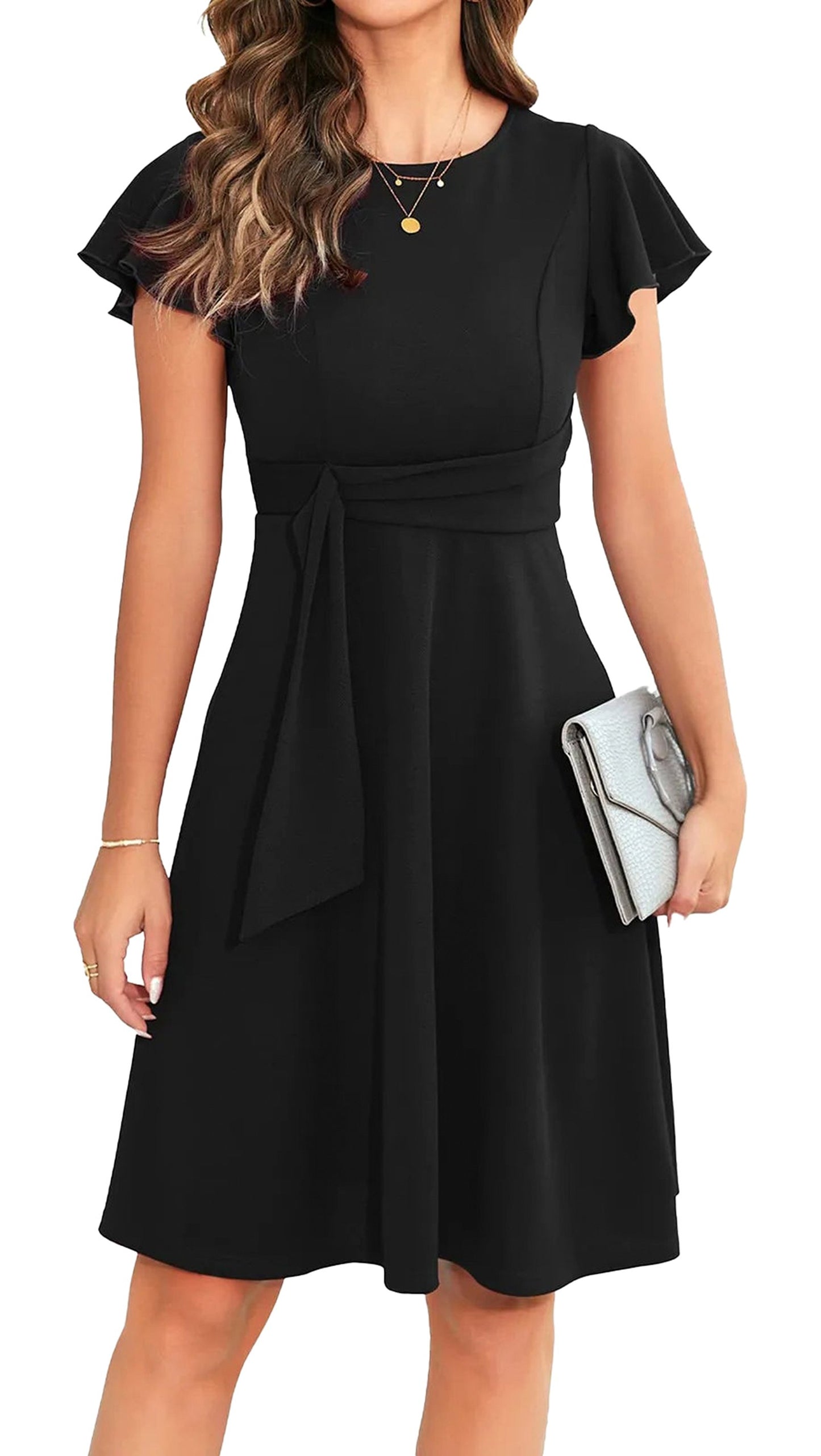 Elegant short dress for women in black with flutter sleeves and a tied waist detail