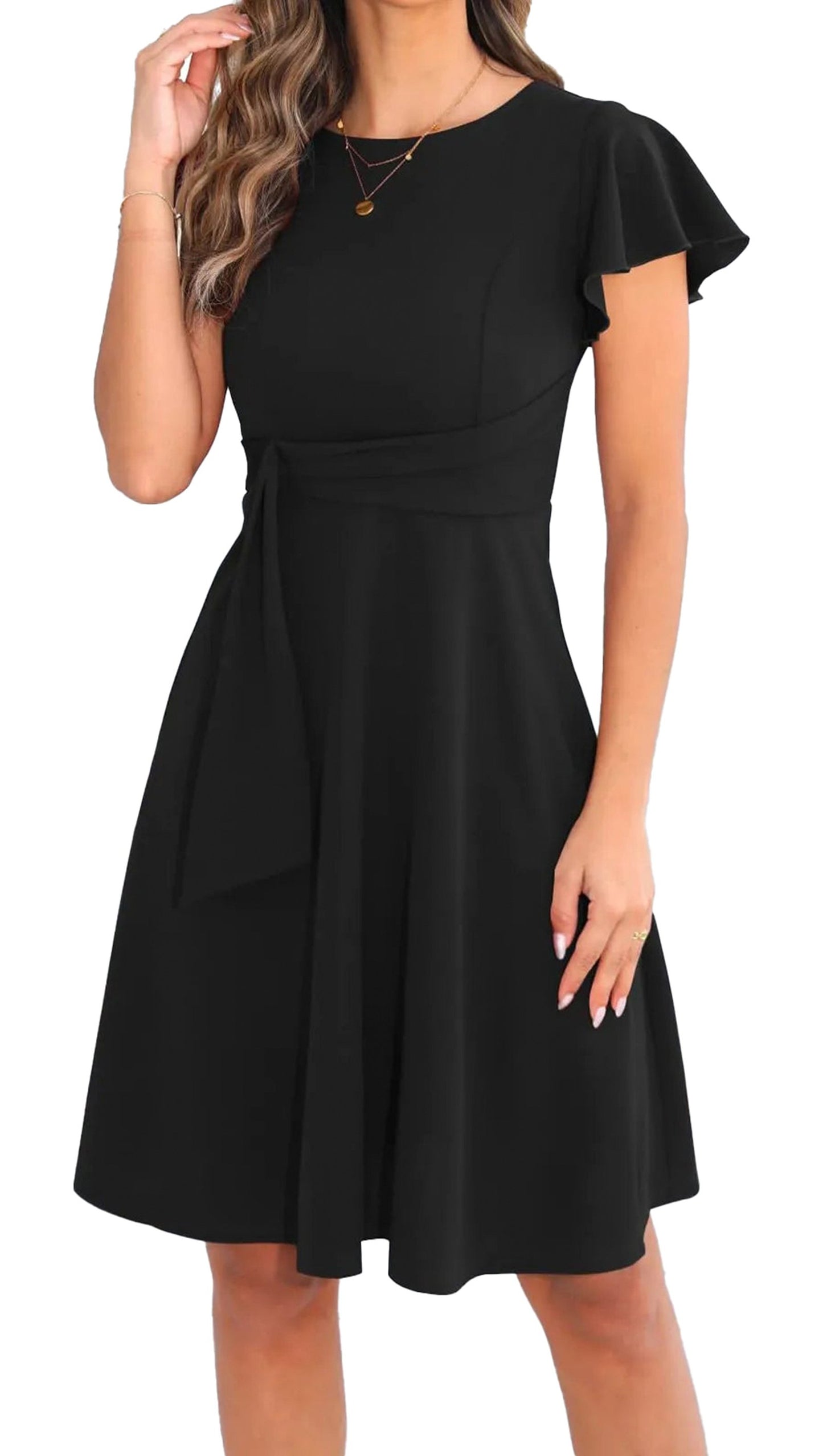 Elegant short dress for women with flutter sleeves and a flattering tie waist for a chic look