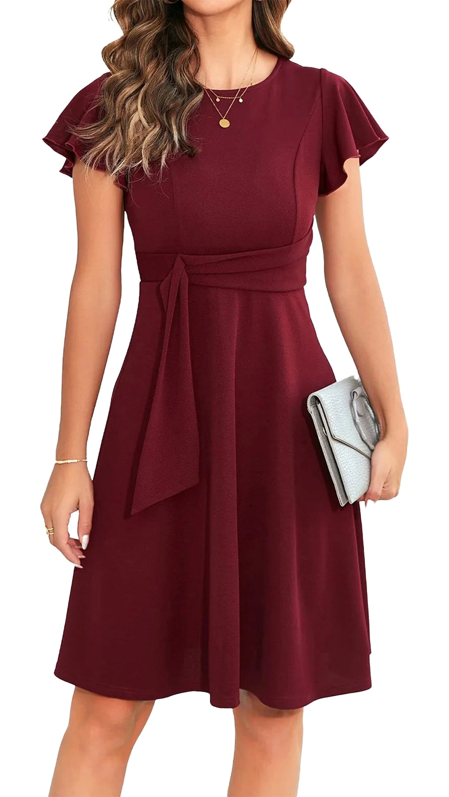 Elegant short dress for women in burgundy with flutter sleeves and a tie waist detail