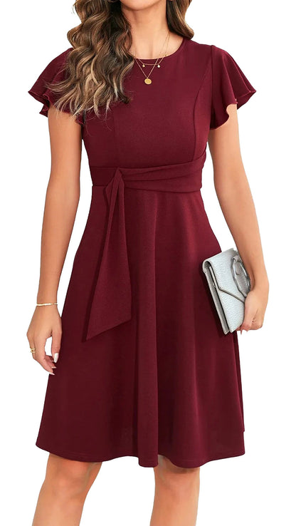 Elegant short dress for women in burgundy with flutter sleeves and a tie waist detail