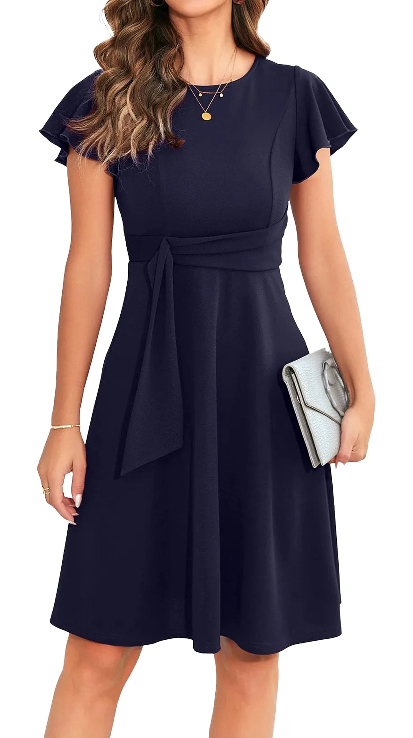 Elegant short dress for women in navy blue with flutter sleeves and a wrapped waist design