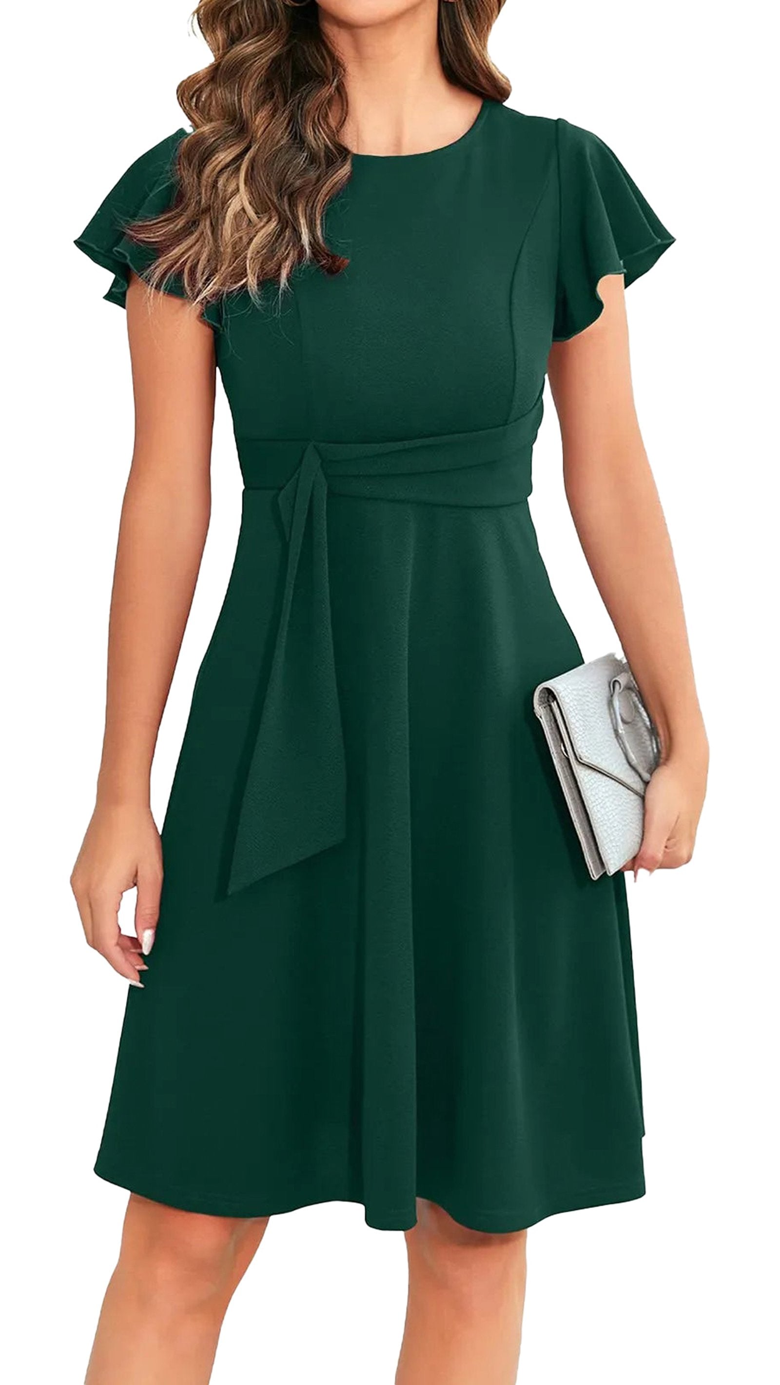 Elegant short dress for women in dark green with flutter sleeves and a waist tie, perfect for any occasion