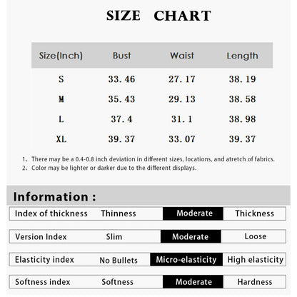 Size chart for elegant short dress for women including measurements for S, M, L, and XL
