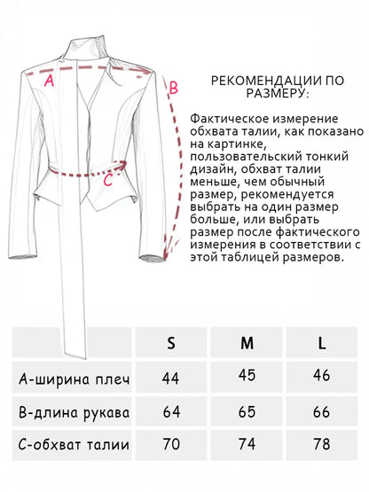 Detailed size chart for elegant striped suit coat for women with measurements for S, M, and L sizes