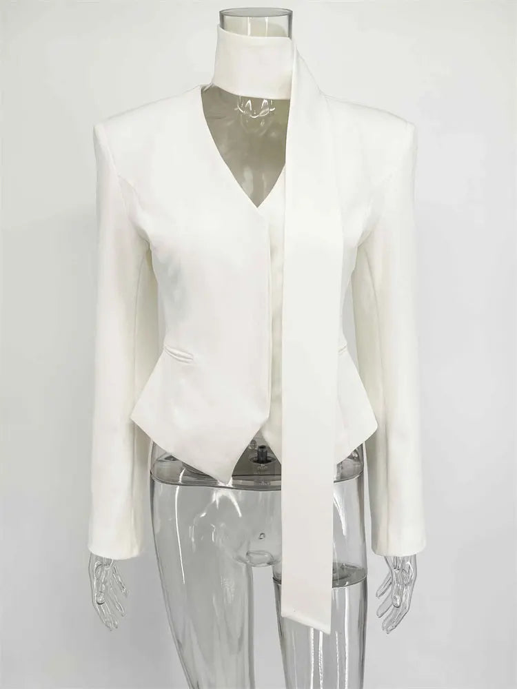 Elegant striped suit coat for women in white with a chic tie detail and modern design