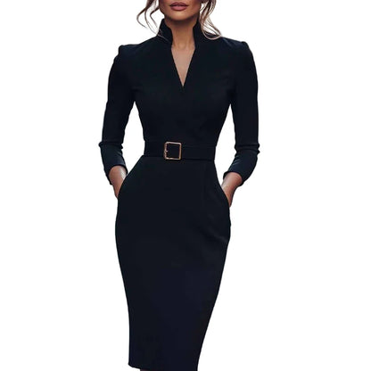 Elegant v neck pencil dress by LuckeLadybug LLC featuring a fitted silhouette and stylish belt