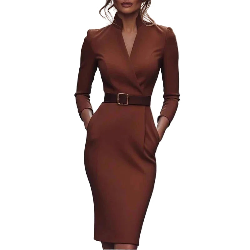 LuckeLadybug LLC elegant v neck pencil dress in brown with a belt and stylish pockets