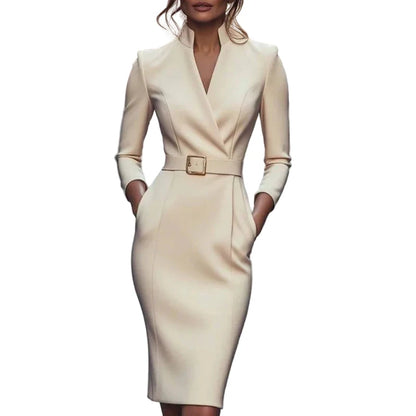 Elegant v neck pencil dress by LuckeLadybug LLC featuring a fitted silhouette and stylish belt detail.