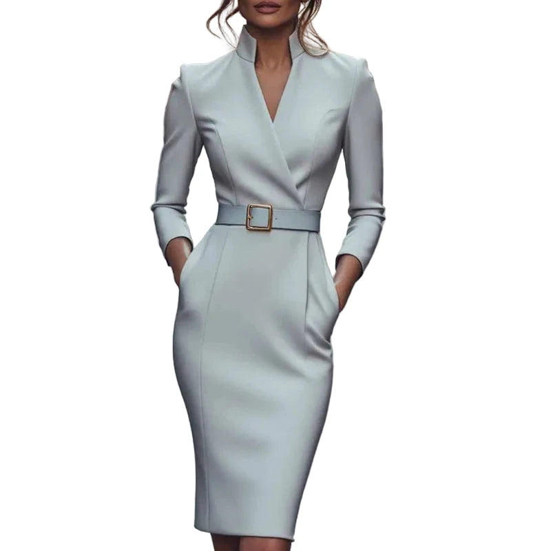 Elegant v neck pencil dress in light gray with a belt and pockets for a sophisticated look