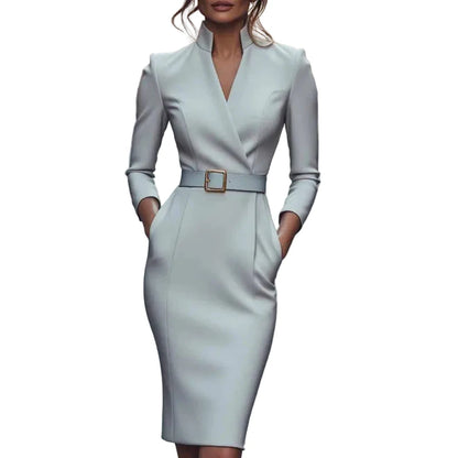Elegant v neck pencil dress in light gray with a belt and pockets for a sophisticated look