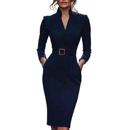 Elegant v neck pencil dress by LuckeLadybug LLC featuring a belted waist and stylish pockets
