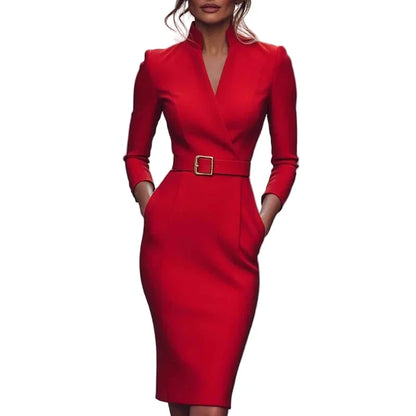 Red elegant v neck pencil dress with a fitted silhouette and stylish belt for a chic look