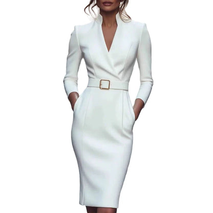 LuckeLadybug LLC elegant v neck pencil dress in white with a waist belt and pockets