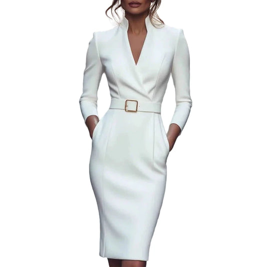 LuckeLadybug LLC elegant v neck pencil dress in white with a waist belt and pockets